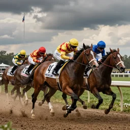 kentucky derby horse race with a close finish at the finish line + dramatic, motion, racing, photorealistic horses, photorealistic jockeys, photorealistic : : 1 + style of john collier and leroy neiman + octane render, trending on artstation, artgerm, behance