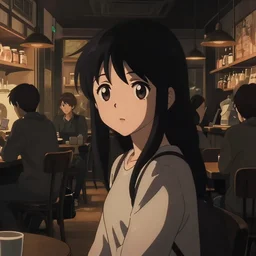 anime frames, anime visual, portrait of a portrait of a young woman visiting a busy cafe interior at night shopping, very low light cute face by ilya kuvshinov and yoh yoshinari, katsura masakazu, mucha, dynamic pose, dynamic perspective, strong silhouette, anime cels, rounded eyes, smooth facial features, contrasting shadows
