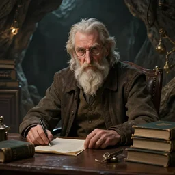 an epic fantasy comic book style portrait painting of an aging man with a long nose wearing glasses sitting behind a desk full of books in a cave, unreal 5, daz, hyperrealistic, octane render, cosplay, rpg portrait, dynamic lighting