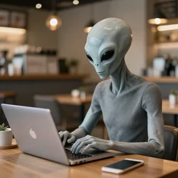 gray alien working on laptop in coffee shop cafe professional filter photo