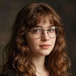 portrait of a beautiful young white woman, wavy brown hair and bangs, a slightly big nose, slightly big but soft and round jaw, round glasses