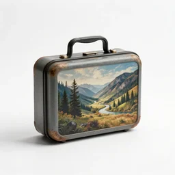 weathered lunch box, commercial catalog photo, isolated on a pure white background, centered, entire object in frame, sharp focus, soft studio lighting