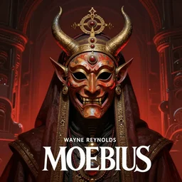 concept art by wayne reynolds and moebius, a demon with religious ceremonial mask designed by h. r. giger, scifi, detailed and intricate environment, reddish lighting, book cover, highly detailed portrait, digital painting, artstation, concept art, smooth, sharp focus illustration, artstation hq