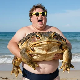 a leaked dramatic photo of a fat man holding the worlds largest 4 meter toad. the fat man is wearing a swimsuit, 1 9 9 8 sunglasses and he is screaming