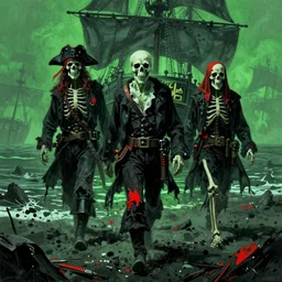 pirate ghosts walking on the seabed. skeletal bodies torn clothes. black green red colour scheme. pirate ship. ghost ship. zdzisław beksinski, greg rutkowski