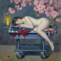 portrait of a female art student falling asleep, scientific research, crashcart, x - ray, sensual, blossom, squashed berries dripping, octopus, candlelight, neo - impressionist, surrealism, acrylic and spray paint and oilstick on canvas