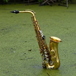 A saxophone submerged in a murky green swamp, Photograph