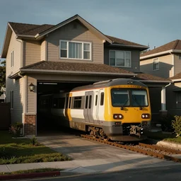 A train parked in the garage of a typical suburban house