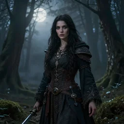 the elder scrolls vi, charismatic forest slavic female witch, portrait, moonlit woods, atmospheric lighting, painted, intricate, volumetric lighting, beautiful, nighttime, foggy weather, slight overcast, sharp focus, deep colours, ultra detailed, by leesha hannigan, ross tran, thierry doizon, kai carpenter, ignacio fernandez rios