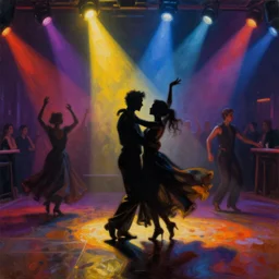 dark dancing silhuettes in a dance club, colorful lights, dramatic lighting, a lot of energy, oil painting by rembrandt