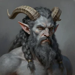 painting of goliath, braided hair and beard. Grey skin. Elf ears, horns Portrait. Craig mullins. ArtStation, CGSociety, Unreal Engine