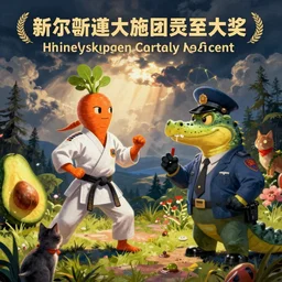 a female humanoid carrote in a karate suit having a conversation with a humanoid detective alligator while a half cat half avocado watches painted by stanley lau, greg rutkowski, stanley artgem