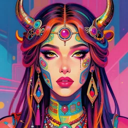 colorful portrait of a female hippie from the future, set in the future 2 1 5 0 | highly detailed face | very intricate | symmetrical | professional model | cinematic lighting | award - winning | painted by mandy jurgens | pan futurism, dystopian, bold colors, cyberpunk, groovy vibe, anime aesthestic | featured on artstation