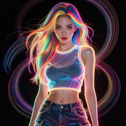 a award winning half body portrait of a beautiful woman with stunning eyes in a croptop and cargo pants with rainbow colored hair, outlined by whirling illuminated neon lines, fine rainbow colored lines swirling in circles by jesper ejsing by rhads, makoto shinkai and lois van baarle, ilya kuvshinov, ossdraws, outrun, vaporware, digital art, trending on artstation, highly detailed, fine detail, intricate