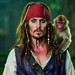 portrait photo an albino pirate adult Man with red headband, a monkey is on his shoulder, 70mm sigma lens, cinematic lighting, movie still, HD, color graded