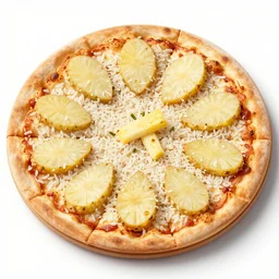 a pizza covered with a lot of rice and potato slices, and some pieces of pineapple