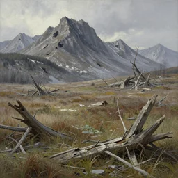 landscape painting of destroyed meadows with destroyed mountainrange in background, dystopian wasteland, destroyed nature, apocalypse, winter, fine details, magali villeneuve, artgerm, rutkowski