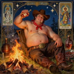 a dramatic, epic, ethereal painting of a !!handsome!! thicc chunky beefy mischievous shirtless !!cowboy!! with a big beer belly wearing a large belt and bandana offering a whiskey bottle | he is relaxing by a campfire | background is a late night with food and jugs of whisky | homoerotic | stars, tarot card, art deco, art nouveau, intricate | by Mark Maggiori (((and Alphonse Mucha))) | trending on artstation