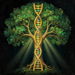 human dna! is biblical rooted!! tree! of wisdom! and knowledge! and eternal life! and enlightenment path, golden and green enchanted botany illustration, dark background, by marianne north, by android jones, digital bioluminiscent oil painting, very coherent symmetry, god's rays, octane render, high contrast