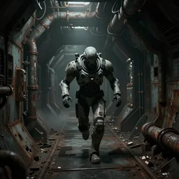 horror movie scene of an individual in futuristic armor inspired by dead space being chased down a hallway, running through a desolate deep space mining station, rusty metal walls, broken pipes, dark colors, muted colors, tense atmosphere, mist floats in the air, amazing value control, dead space, moody colors, dramatic lighting, ussg ishimura, frank frazetta, h. r. giger environmental design elements