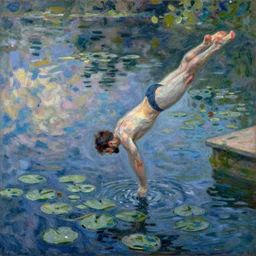 a diver diving into a lake with lilypads by claude monet