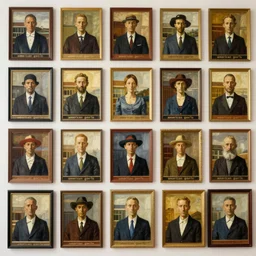 on a wall there are dozens of the 'american gothic' paintings in styles of different famous painters