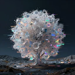 dream landscape, simulation, glitch art, generative art, volumetric object, physical particles, translucence, cinematic lighting, iridescence, by ash thorpe