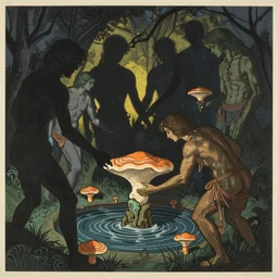 ancient beings, by gediminas pranckevicius, by hasui kawase, dark shadows, woodblock, complementary - colors, tremella - mesenterica, poster, polished, discovering fountain of youth, by james gilleard