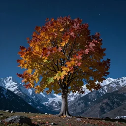 8k realistic image of a maple tree with kashmir landscape icy mountains and dark starry night