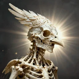 man with bird head made of bones