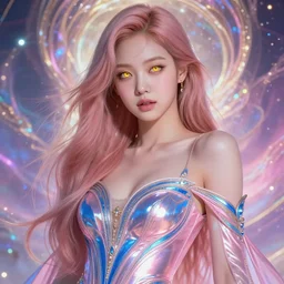 Kim Ji-soo from Blackpink as magical celestial princess wearing luxurious futuristic chic slim pearlescent dress, bright gold eyes, peaceful expression, fantasy, intricate pink and royal blue dress, captivating, seductive look, accurately portrayed, portrait art by James Jean and Alphonse mucha, highly detailed, digital painting, concept art, illustration, multiversal paradise shining rgb luxurious lights, trending on artstation, very detailed, smooth, sharp focus, octane render, close-up