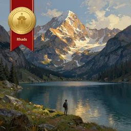 digital painting of mountain landscape with a lake and character near the water by philip sue art, by philip sue and rhads, contest winner on behance