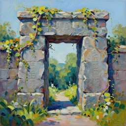 colorful andreas rocha impasto!! acrylic painting of the slate stone gateway of a forgotten civilization. vines and creepers, stone etchings