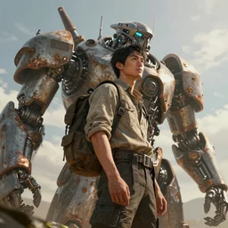 a concept art illustration, an asian man with backpack, on a large mechanical rusty biome, low angle shot, style by dylan cole and feng zhu and wlop, unreal engine, trending in artstation, octane render, ultra sharp