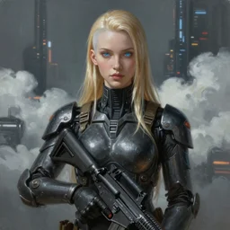 ultra realist and ultra intricate detailed soft painting of a beautiful sci-fi armored female, thin lustrous long blond hair shaved on one side, symmetry features, glowing blue eyes, sensual gloomy style, volumetric clouds,  cyberpunk background, military, assault rifle, artstation,  unreal render, depth of field