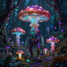 Psychedelic Alien with psychedelic mushroom, Dark Neon colored alien rainforest by Jean Giraud, octane render trending on Artstation HD