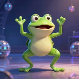 A still of a cartoon frog dancing at a disco in the style of Pixar, promo shoot, studio lighting
