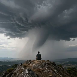 man sitting on peak top mountain looking at huge vast sky storm tornado