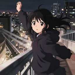 anime visual, solo portrait of a young black haired girl wearing hoodie sightseeing above the urban city, guardrail, cute face by yoh yoshinari, katsura masakazu, dramatic lighting, dynamic pose, dynamic perspective, strong silhouette, ilya kuvshinov, anime cels, 1 8 mm lens, fstop of 8, rounded eyes, moody, detailed wallpaper