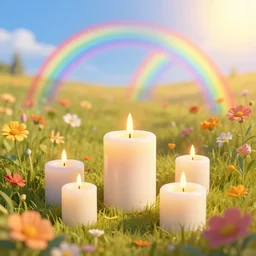 candles, field of flowers, magic enchantment, rainbow, sunshine, fall