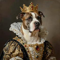 painting of a pitbull dressed up like a noble queen of france, classic painting, highly detailed, portrait