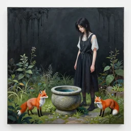 realistic painting of a emo female artist's garden, black dripping walls, tall emo girl, stone cauldron, a fox, a pear, paintings on black walls, pomegranate, bromeliads, herbs, raven, courgettes, berries, zen, sensual, surrealist painting by magritte and rousseau