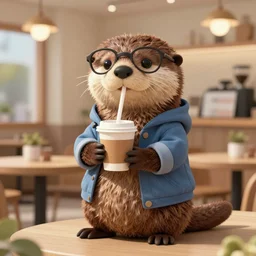 anthropomorphic furry otter wearing cool clothes in a coffee shop, trending on art station, furaffinity, syd mead