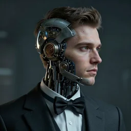 a clever young engineer man with cybernetic enhancements wearing a suit and bowtie, detailed face, scifi character portrait by greg rutkowski, esuthio, craig mullins, 1 / 4 headshot, cinematic lighting, dystopian scifi gear, gloomy, profile picture, mechanical, half robot, implants, steampunk