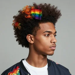 editorial fashion photography of high flat - top afro hairstyle for men, adorned with rainbows