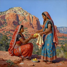 a beautiful painting of an indian woman exchanging food and fabrics at the top of a mountain in sedona with another woman, highly detailed, art by christophe vacher