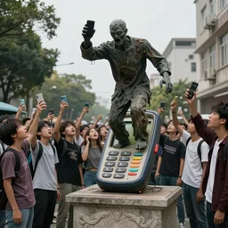 a crowd of young people on the streets hold their cell phones in the air, they look like zombies, on a podest there is a big cellphone god preying, they look up on him, fantasy style, 4 k, philosophical art