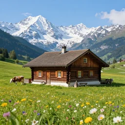 A cozy wooden cottage, on an Alpine meadow with flowers and cows, mountains in the background, snowy peaks, beautiful calm nature, photorealistic, detailed, 4k, vibrant colors,