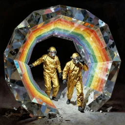 two scientists in gold hazmat suits entering the geometric rainbow crystal dimensional gateway by frank frazetta