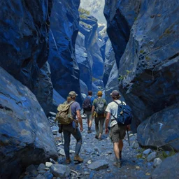 a party of adventurers exploring a narrow dark blue canyon of stone, oil painting, greg rutkowski
